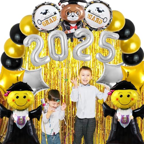 Abschluss Deko Abschlussfeier 2025 Set,Schulabschluss 2025 Deko,Graduation Folienballon Deko mit Schwarz Gold Congratulations, Gold Folienvorhänge,Graduierung Fotorequisiten von YUEcthynous