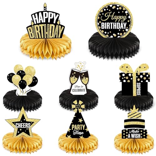 8 Stück Geburtstag Dekoration,Geburtstag Bienenwaben Deko Papier Schwarz Gold Happy Birthday Tisch Ornamente Papier Tischdekoration Party Deko für Männer Frauen Geburtstag Party Tischaufsätze von YUFFQOPC