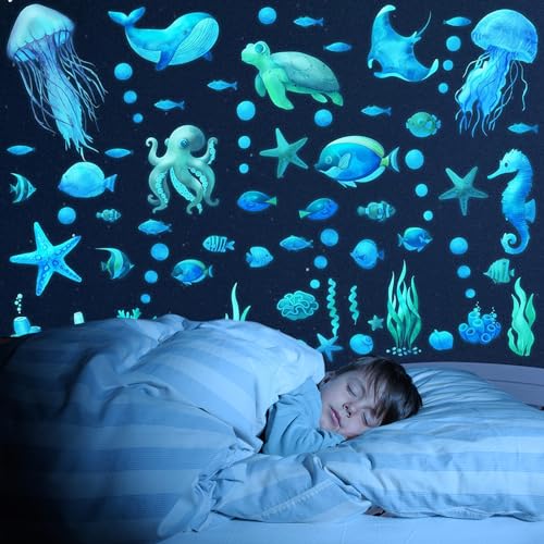 Meerestiere Wandtattoo Leuchtend Wandsticker Leuchtaufkleber Ozean Meerestiere Leuchtender Wandaufkleber, Fluoreszierend Wandaufkleber Aufkleber Leuchtsterne Kinderzimmer Deko Badezimmer Deko von YUFFQOPC