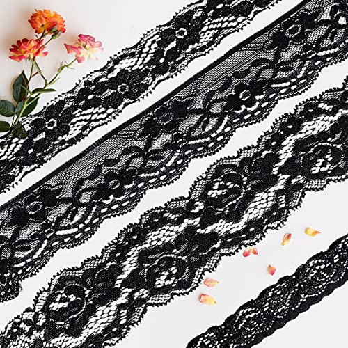 Spitzenband Schwarz Weiß Spitze Blumen Spitzenband Vintage Spitzenband 4 Rolle/24 Yards Baumwolle Dekoband Zierband Spitzenborte für DIY Handwerk Nähen Hochzeit Deko Geschenk Verpackung (Schwarz) von YUFFQOPC