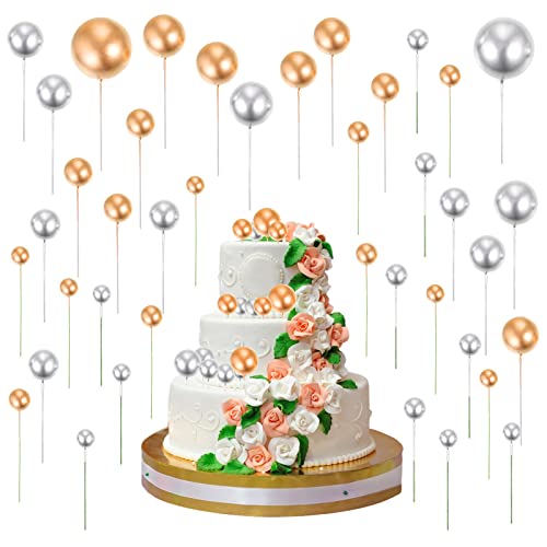 YUFFQOPC 40 Stück Schaumkugeln Cupcake Kuchen Topper Kugeln Cupcake Topper Cupcake Topper Gold Ball Topper Cupcake Topper Ball Kuchendekoration Schaum Ball Kuchen Picks Cupcake,Gold und Silber von YUFFQOPC