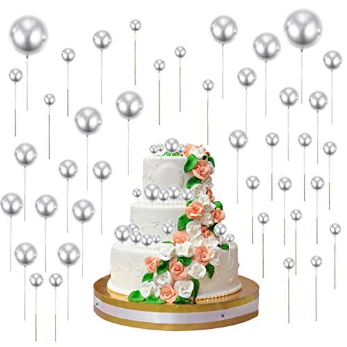 YUFFQOPC 40 Stück Schaumkugeln Cupcake Kuchen Topper Kugeln Cupcake Topper Cupcake Topper Gold Ball Topper Cupcake Topper Ball Kuchendekoration Schaum Ball Kuchen Picks Cupcake,Silber von YUFFQOPC