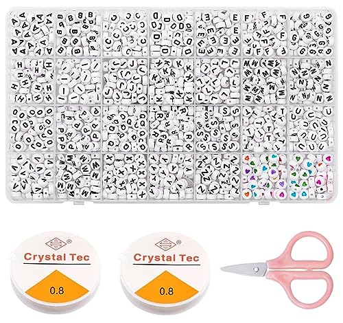 YUHIAKE 1400 Stück Buchstabenperlen zum Auffädeln, Weiß Rund A-Z und Herz Perlen, Perlen Buchstaben Set für Armbänder Schlüsselanhänger Ketten von YUHIAKE