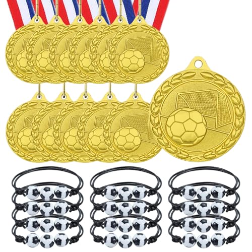 YUJUE 12 Fußballmedaillen, 12 Fußball Armbänder, Fußball Partygeschenke, Kindergeburtstagsmedaillen aus Metall, Goldmedaillen für Fußballgeburtstagsfeiern, geeignet für Jungen, Kinder und Erwachsene von YUJUE