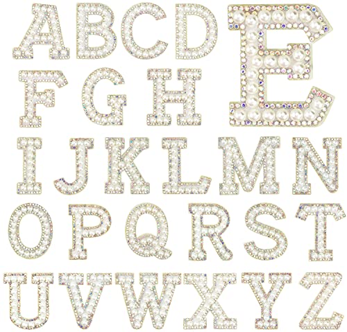 Aufnäher zum Aufbügeln für Kleidung, glitzernde Strasssteine und elegante Perlen, A-Z, zum Aufnähen, dekorativer Buchstaben-Aufnäher, Glitzer-Alphabet-Applikation, Strass, Perle, englische von YUJUNKEMAN