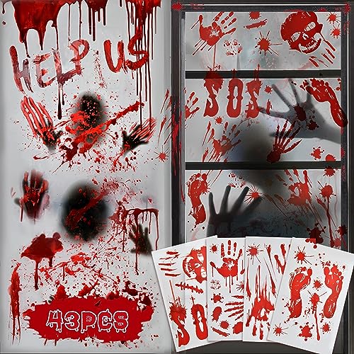 Halloween Fensterbilder Deko Indoor - Gruselig Halloween Fensterdeko Outdoor Garden Haunted House Party Deko Horror Halloween Zombie Poster Sticker Fenster Haustür Wand Dekoration Blutige Aufkleber von YULARA