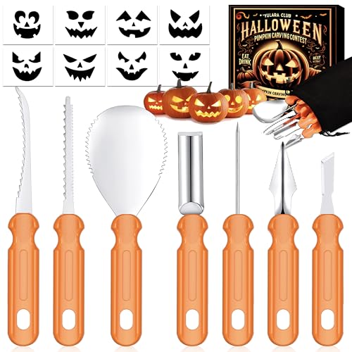 Halloween Kürbis Schnitzset Schnitzwerkzeug Kürbis: 7 Stück Kürbis Schnitzen Werkzeug mit Vorlagen Kinder Erwachsene Kürbisschnitzwerkzeuge, Edelstahl Pumpkin Carving Tools Set für Outdoor Kürbis Deko von YULARA