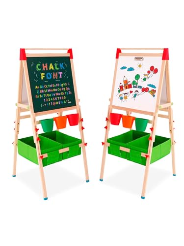 Kinder Staffelei aus Holz, Kindertafel mit Papierrolle Doppelseitige Whiteboard und Tafel Höhenverstellbar Art Easel mit Zahlen und Anderem Zubehör für Kinder und Kleinkinder als Geschenk von YULEYU