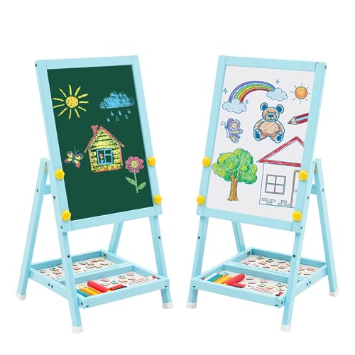 Kindertafel aus Holz, Art Easel Mini Blau Doppelseitige Whiteboard und Tafel Kinder Staffelei von YULEYU