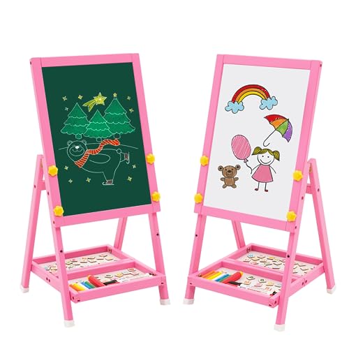 Kindertafel aus Holz, Mini Rosa Doppelseitige Art Easel Whiteboard und Tafel Kinder Staffelei von YULEYU