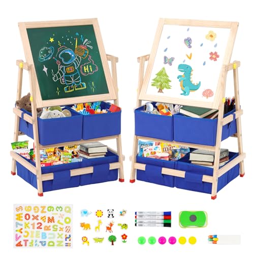 Kindertafel aus Holz mit 4 Stoffschubladen, Doppelseitige Whiteboard und Tafel Faltbar Höhenverstellbar Kinder Drehbare Staffelei mit Zahlen und Anderem Zubehör für Kinder von YULEYU