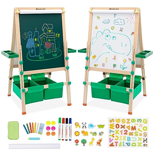 Kindertafel aus Holz mit Papierrolle Doppelseitige Whiteboard und Tafel Faltbar Höhenverstellbar Kinder Staffelei mit Zahlen und Anderem Zubehör für Kinder und Kleinkinder als Geschenk von YULEYU