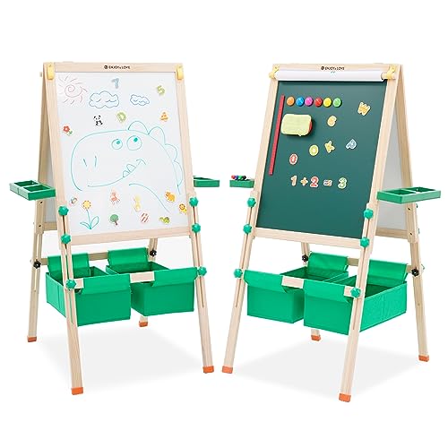 Kindertafel aus Holz mit Papierrolle Doppelseitige Whiteboard und Tafel Faltbar Höhenverstellbar Kinder Staffelei mit Zahlen und Anderem Zubehör für Kinder und Kleinkinder als Geschenk von YULEYU