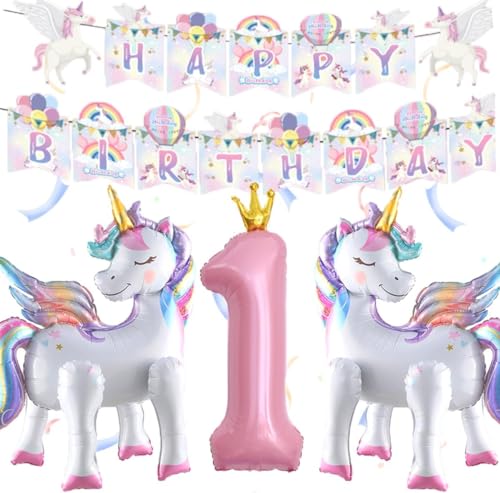 3D Einhorn Luftballons 1 Jahre, Einhorn Folienballon mit Einhorn Ballons Geburtstag Nummer 1 Ballon Happy Birthday Girlande, Einhorn Luftballons Geburtstag 1 Jahre für Mädchen Geburtstags Party von YULONGWU