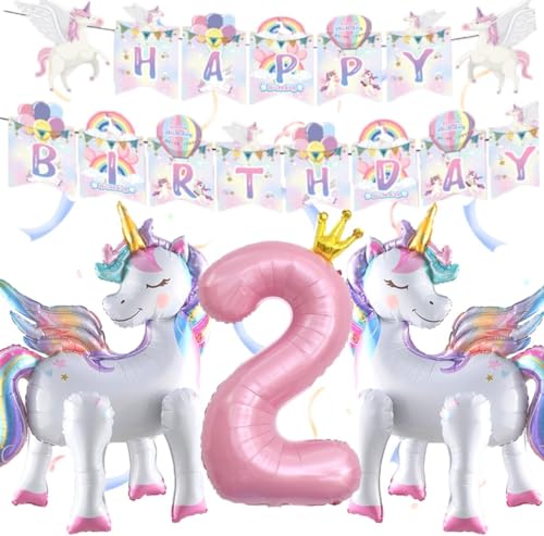 3D Einhorn Luftballons 2 Jahre, Einhorn Folienballon mit Einhorn Ballons Geburtstag Nummer 2 Ballon Happy Birthday Girlande, Einhorn Luftballons Geburtstag 2 Jahre für Mädchen Geburtstags Party von YULONGWU