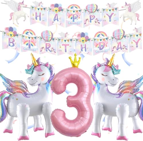 3D Einhorn Luftballons 3 Jahre, Einhorn Folienballon mit Einhorn Ballons Geburtstag Nummer 3 Ballon Happy Birthday Girlande, Einhorn Luftballons Geburtstag 3 Jahre für Mädchen Geburtstags Party von YULONGWU