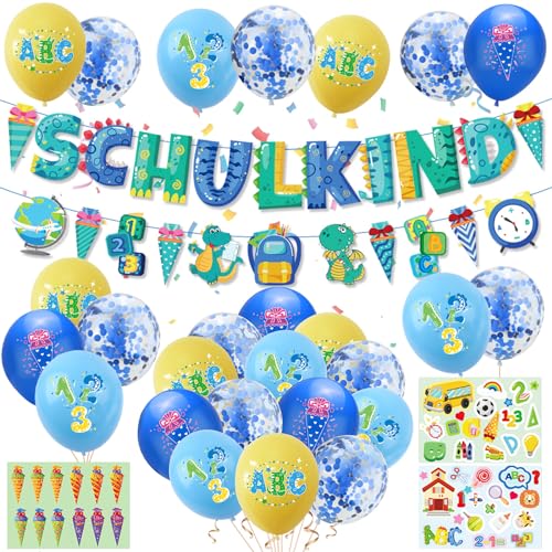 Einschulung Deko Junge, Schuleinführung Schulanfang Deko Set mit Schulkind Banner + Girlande mit Zuckertüte ABC 123 Motiv + 22 Ballons Latex+ 3 Einschulung Sticker, Blaue Deko Schulanfang für Jungen von YULONGWU