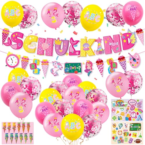 Einschulung Deko Mädchen, Schuleinführung Schulanfang Deko Set mit Schulkind Banner + Girlande mit Zuckertüte ABC 123 Motiv + 22 Ballons Latex+ 3 Einschulung Sticker, Rosa Deko Schulanfang für Mädchen von YULONGWU