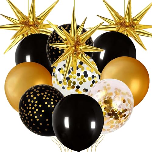 Gold Schwarz Luftballons Girlande Kit, 73Pcs Luftballons Schwarz Gold Set mit Explosion Stern Folienballons Latex Ballon Konfetti Luftballons, Schwarz Gold Ballons für Geburtstag Hochzeit Baby Shower von YULONGWU