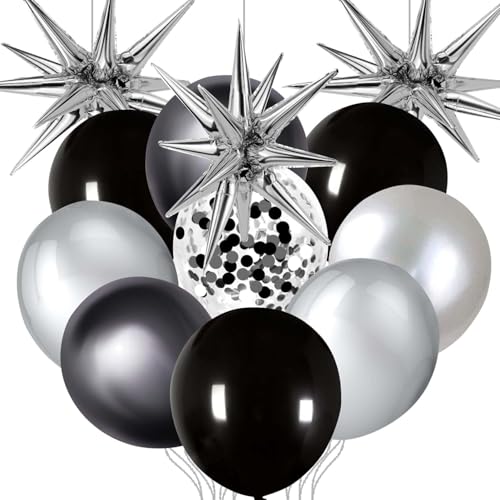 Luftballon Girlande Schwarz Silber, 73Pcs Schwarz Silber Luftballons Set mit Explosion Stern Folienballons Latex Ballon Konfetti Luftballons, Silber Schwarz Ballons für Geburtstag Hochzeit Baby Shower von YULONGWU