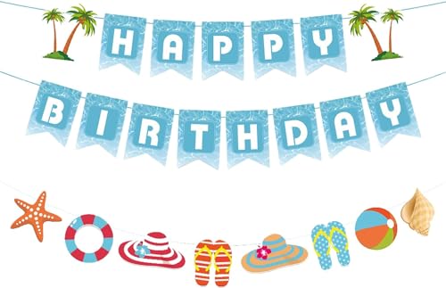 YULONGWU Hawaii Strand Happy Birthday Banner, Seestern Rettungsring Hut Slipper Tropical Geburtstag Girlande, Happy Birthday Girlande für Kinder Erwachsene Sommer Strand Geburtstag Party Dekoration von YULONGWU