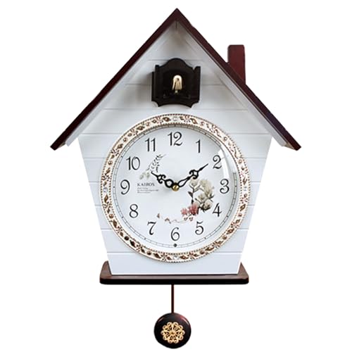 YUN Clock Kuckucksuhr Modern Holz Kuckuck Vogelhaus Wanduhr mit Pendel Wanduhr Dekoration Einstellbare Lautstärke Uhr für Zimmer Zuhause KüChe Schlafzimmer BüRo (Elegantes Weiß) von YUN Clock