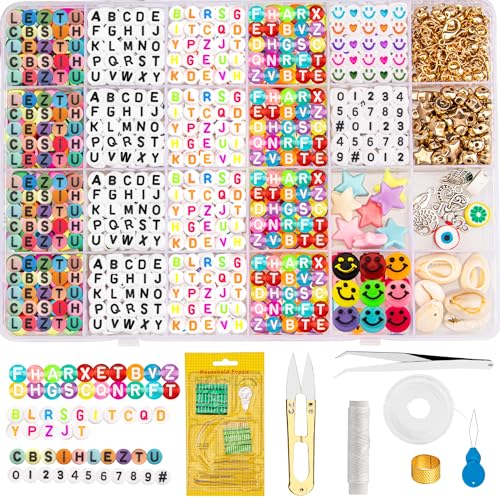 YUNAI 1079 StüCk Bunte Buchstaben Perlen Zum AuffäDeln, Buchstabenperlen ArmbäNder Selber Machen Set mit Smiley Stern Nummer Perlen, Perlen Set Schmuck für Halsketten DIY Herstellung, 3 von YUNAI