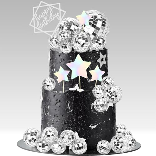 34 Stück Disco Cake Topper Geburtstag, Tortendeko Silber Kuchen Topper Discokugel Torten Deko Stern Kuchendeko für 70/80/90er Disco Musik Tanz Mottoparty Dekorationszubehör von YUNHENTONG