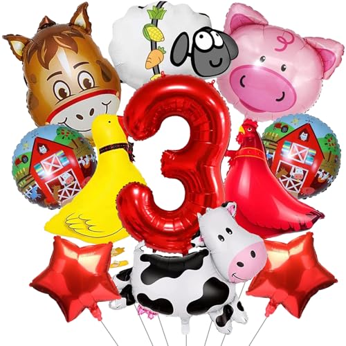 Bauernhof Tiere Folienballon, 11 Stück Farm Luftballons Kindergeburtstag, Helium Ballons Geburtstag Deko Niedlich Tier Folienballons für Bauernhof Themenparty Dekorationen (3 Jahre) von YUNHENTONG