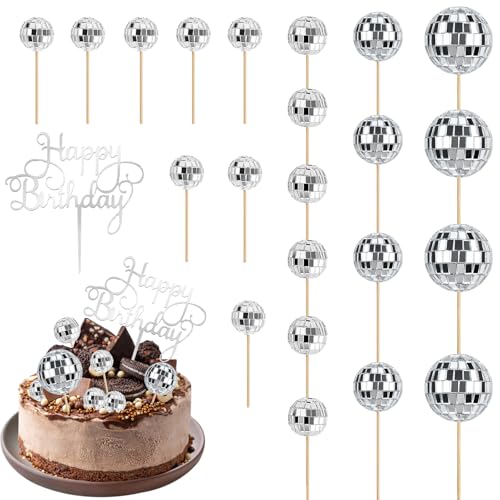 Mini Discokugel Deko 23 Stück Disco Tortendeko Kugeln Cupcake Deko Muffin Tortendeko Geburtstag Cake Topper Geburtstagskuchen Happy Birthday Deko für 70er/80er/90er Disco-Themenpartys von YUNHENTONG