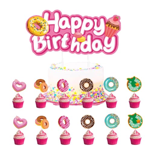 Donut Cupcake Toppers,13 PCS Donut Geburtstag Tortendeko,Geburtstag Kuchen Deko,Deko Torte Geburtstag,Krapfen Geburtstagsdeko,Geburtstag Party Dekoration Donut für Mädchen Geburtstagsdeko von YUNHENTONG