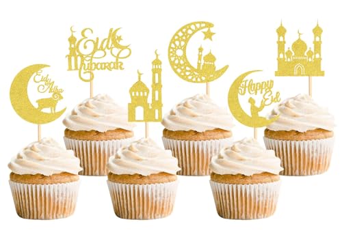 Eid Mubarak Tortendeko, 24 Stück Ramadan Cake topper Mond Stern Eid Mubarak Cupcake Topper Golden Kuchen Topper Ramadan Torte Deko für Party Kuchendekorations Zubehör (Gold-A) von YUNHENTONG