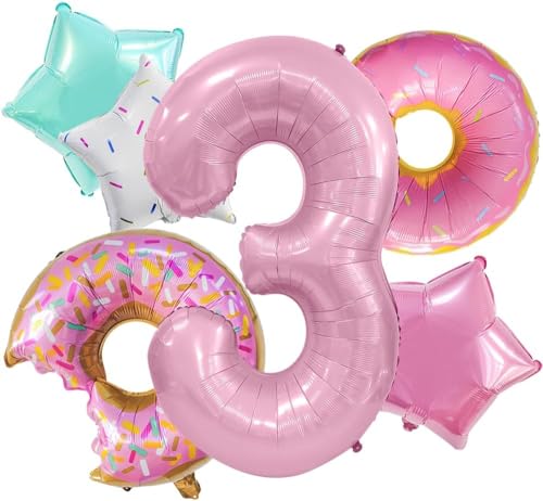 Geburtstagsdeko 3 Jahre Mädchen 6 Stück Luftballons Deko 3. Geburtstag Rosa Donut Sterne Folienballons von YUNHENTONG