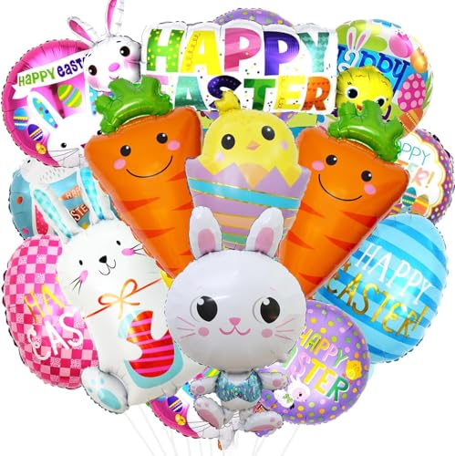 Ostern Luftballons 15 Stück Hase Folienballon Osterballons Osterei Luftballons Karotte Küken Folienballon Happy Easter Ballons Osterdeko Set Hasen Deko Ostern von YUNHENTONG