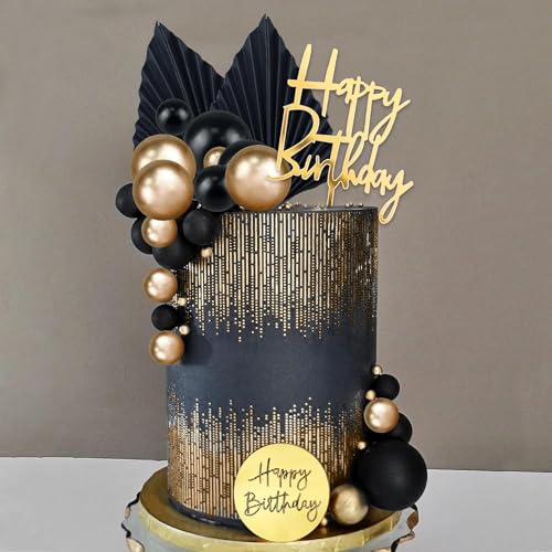 Tortendeko Kugeln 26 Stück Gold Schwarz Cake Topper Geburtstag Kugeln Kuchendeko Palmenblätter Happy Birthday DIY Geburtstagskuchen Deko für Jahrestag, Hochzeit, Valentinstag von YUNHENTONG