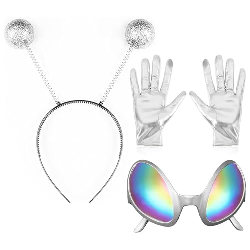 YUNHENTONG Alien Accessoires 3 Stück Alien Haarreif Brille Handschuhe Silber Space Alien Kostüm Haarreifen Fühler Weltraum Kopfschmuck für Karneval, Thema Party von YUNHENTONG