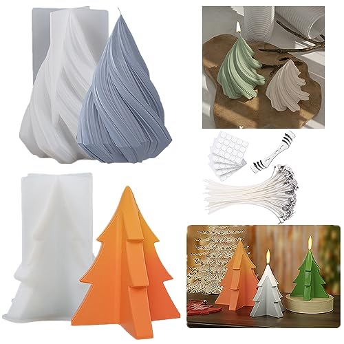 YUNJYI'S 2 Stück Silikon Kerzenform Kit,3D-Weihnachtsbaum 3D Konische,Kegelförmige,Spiralförmige Silikonform Und Kerzendocht Set,Als Heimdekorationen,Bastel Ornamente,DIY Duftkerze,Seife von YUNJYI'S