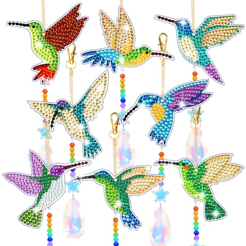 YUNVI 8 Stück Kolibri-Diamant-Malerei, Sonnenfänger, doppelseitiges 3D-Diamant-Gemälde, Windspiel, Malen nach Zahlen, Diamantmalerei, hängende Ornamente für Erwachsene und Kinder, Zuhause, Garten von YUNVI