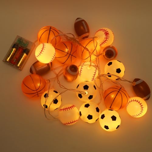 YUNYODA Fußball Lichterketten Terrasse Deko 3M/9,8 FT, 20-LED Batteriebetriebene Lichterkette Dekoration, Fußball/Baseball Sportball Lichterketten für Weihnachten, Kinderzimmer, Innen Deko, Warmweiß von YUNYODA