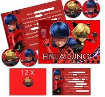 YUPDFGB Miraculous Einladungskarten Mädchen, Junge Mädchen Einladungskarten mit 12 Umschlag und 12 Aufkleber, Kindergeburtstags Miraculous Themed Party Einladungen, Cartoon Party Einladungskarte von YUPDFGB