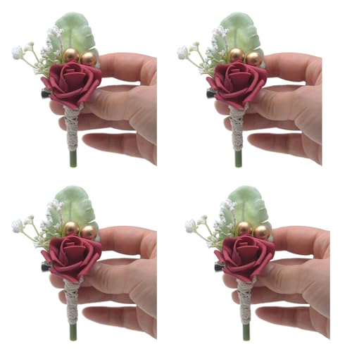 YUPEIUKLI 4-teiliges Boutonniere mit Rosen für Braut und Bräutigam, Ansteckblume für Hochzeit, Abschlussball, Boutonniere für Hochzeitszeremonie, Jahrestag von YUPEIUKLI