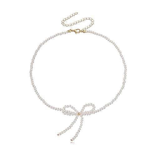 YUPEIUKLI Elegante Glasperlen-Halskette mit Bowknow-Charm, Halsband, Schlüsselbeinkette für Damen, Modeschmuck, Geschenk, Perlenkette von YUPEIUKLI