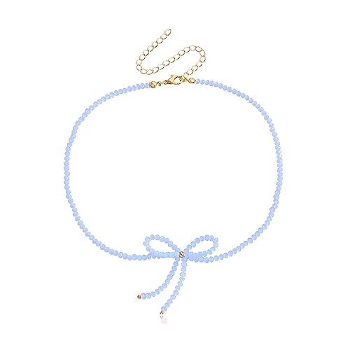 YUPEIUKLI Elegante Glasperlen-Halskette mit Bowknow-Charm, Halsband, Schlüsselbeinkette für Damen, Modeschmuck, Geschenk, Perlenkette von YUPEIUKLI