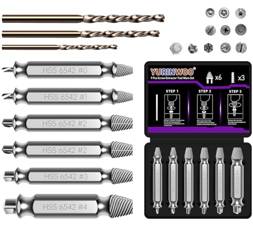 Schraubenausdreher Set 9 Stück, Hergestellt aus HSS 6542, Härtegrad HRC 63-65, Linksausdreher Set mit 3 Spiralbohrer, Schrauben Ausdrehwerkzeug, Zum Bohren und Entfernen beschädigter Schrauben von YURINWOO