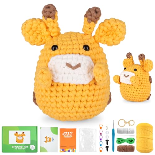 YURROAD Komplettes Häkelset für Anfänger mit Garn, Kein geteiltes Garn Häkelnadel und Schritt-für-Schritt-Video Anleitungen, Crochet Set for Beginners, Crochet Kit Animal Strick Set- Giraffe von YURROAD