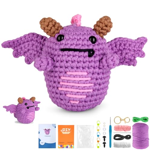 YURROAD Häkelset für Anfänger, Komplett Crochet Set mit Kinderleichtem Garn Hilfsmitteln und Schritt-für-Schritt Videoanleitung, Häkelset Tiere Amigurumi Set für Kinder Erwachsene - Pterosaurus von YURROAD