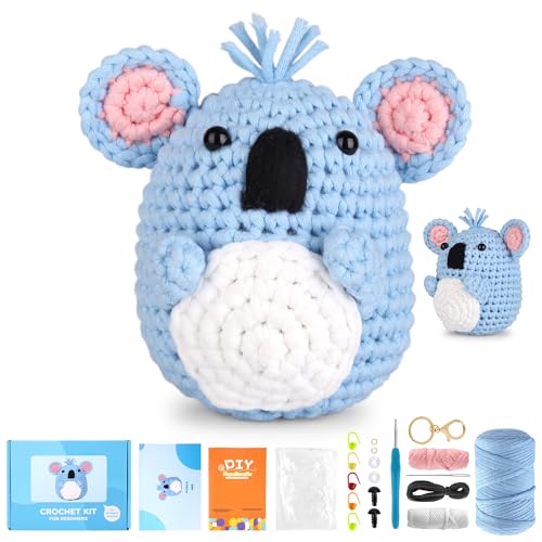 YURROAD Häkelset für Anfänger mit Garn, Kein Geteiltes Garn, Häkel Tiere Set für Erwachsene Kinder mit Schritt-für-Schritt Video Anleitungen Starter Häkel Strick Set, Amigurumi Set - Koala von YURROAD