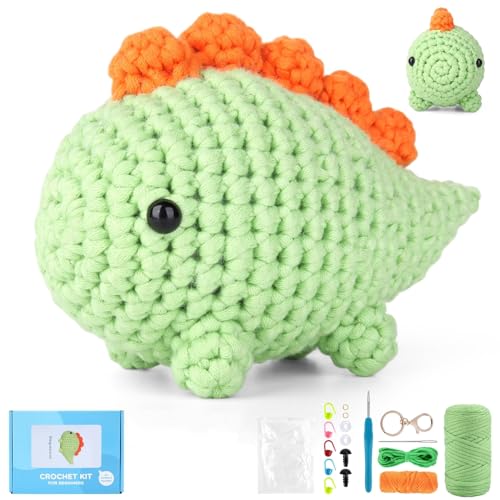 YURROAD Häkelset mit Video Häkel Tiere Set für Kinder Erwachsene Anfänger, Kein Garnspalten Garn und Häkelnadel Komplettes Strick Set, Crochet Kit Animal, Amigurumi Set Beginners - Dinosaurier von YURROAD