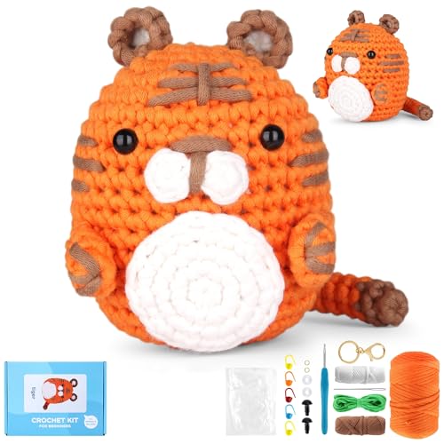 YURROAD Schritt-für-Schritt-Video für Anfänger Amigurumi Set Easy Peasy Garn Tiere Häkeln Set mit Häkelnadel Knitting Animal Set Starter Häkelset mit Anleitung How to Crochet for Beginners- Tiger von YURROAD