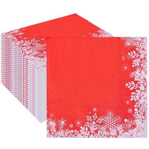 Servietten Weihnachten, 80 Stück Rot Weihnachtsservietten Winter Christmas Napkins 6.5 x 6.5 Zoll Vintage Papierservietten für Weihnachtstisch Dekoration, Holidays, Party (Schneeflocke) von YUSHWENPTY